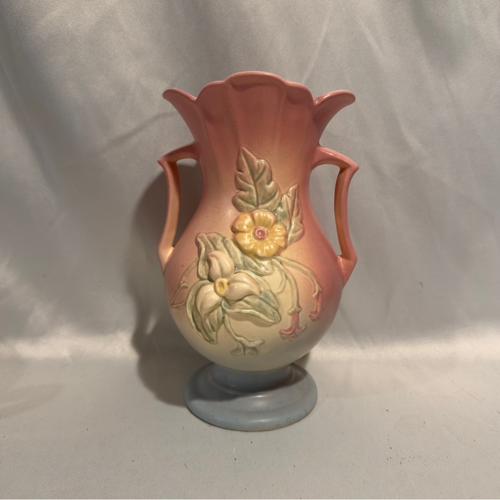 Vintage Hull Art Pottery Vase Pink Floral Handled Ceramic Vase 9.5” Made in USA